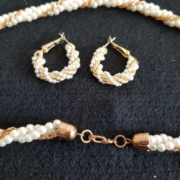 Faux Pearl Goldtone Braided Necklace and Earrings - Picture 3 of 5